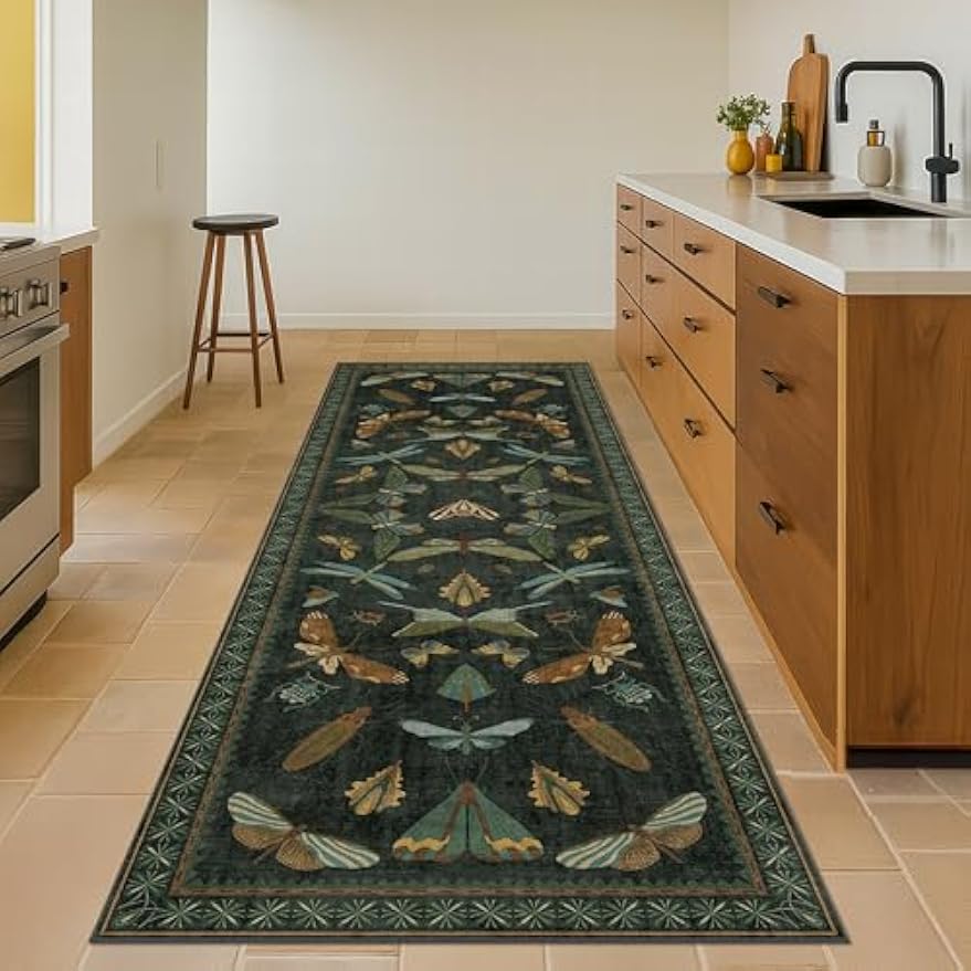 Boho Green Washable Non‑Slip Runner Rug