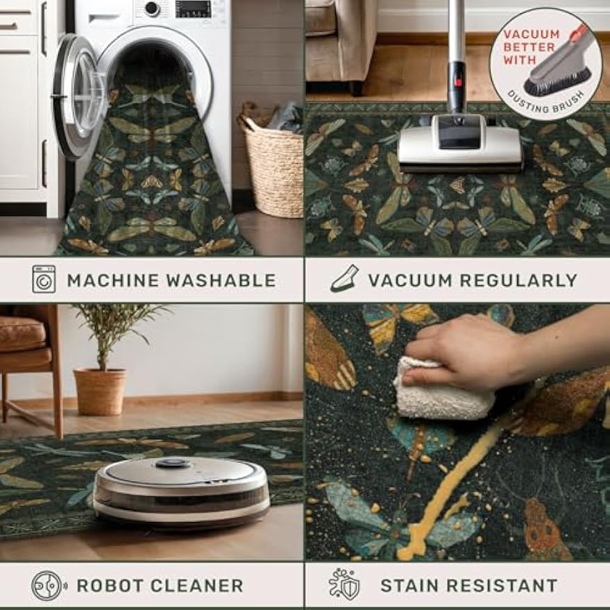 Boho Green Washable Non‑Slip Runner Rug