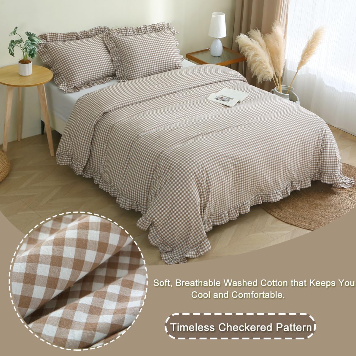 Ruffled Gingham Cotton Queen Bedding Set