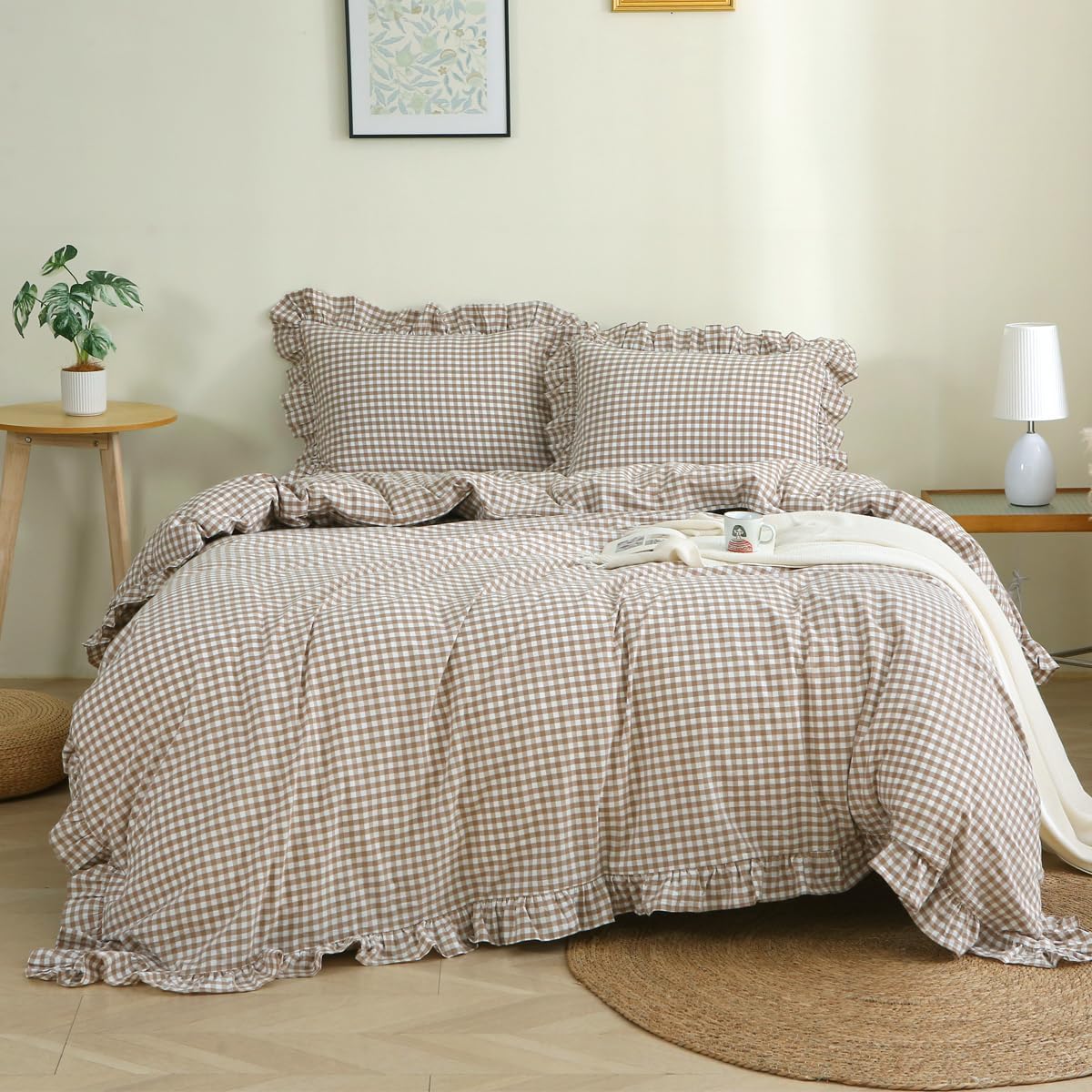 Ruffled Gingham Cotton Queen Bedding Set