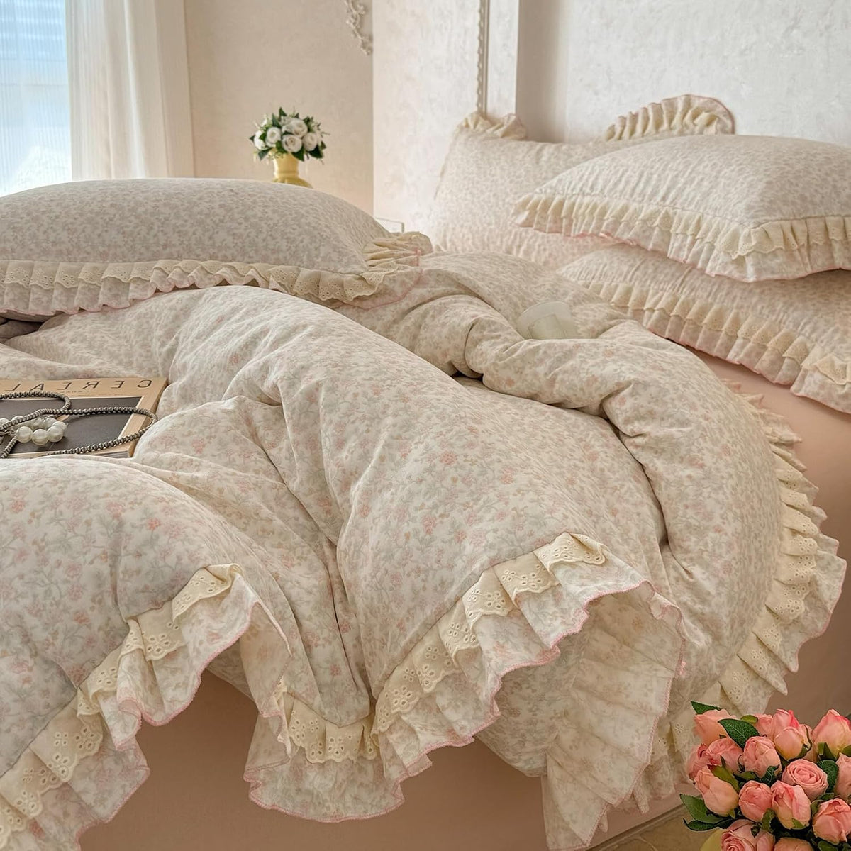 Ruffled Pink Floral Queen Cotton Bedding Set