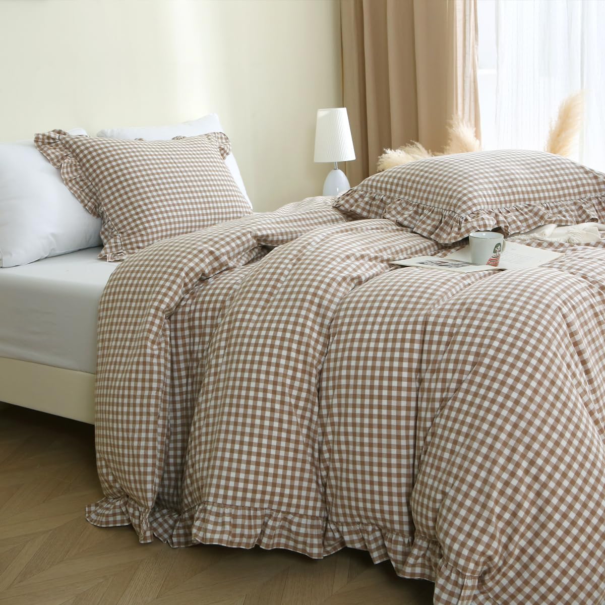 Ruffled Gingham Cotton Queen Bedding Set