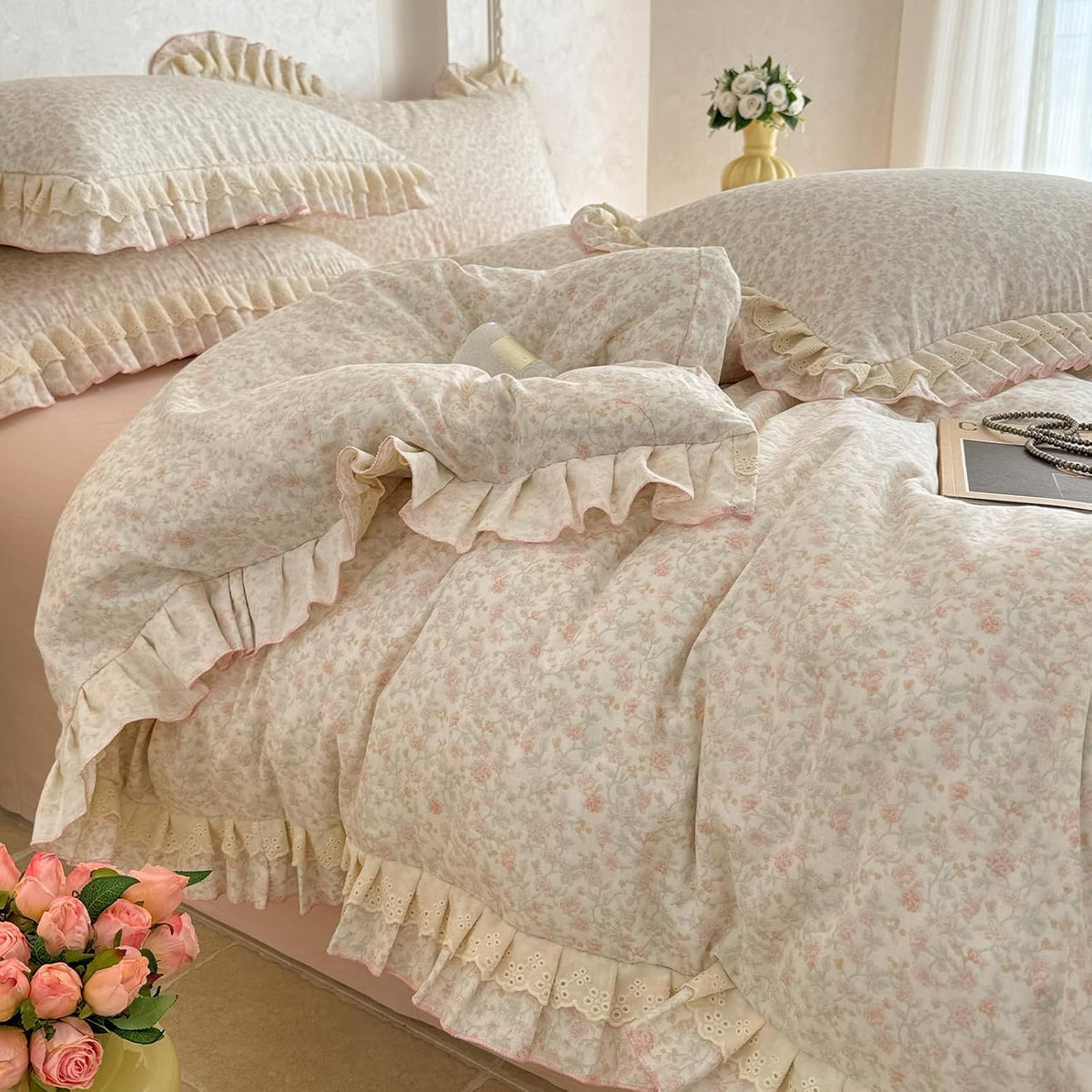 Ruffled Pink Floral Queen Cotton Bedding Set