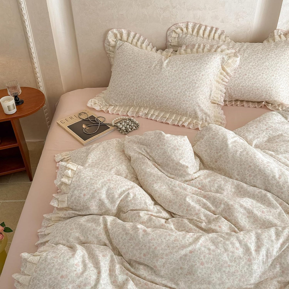 Ruffled Pink Floral Queen Cotton Bedding Set